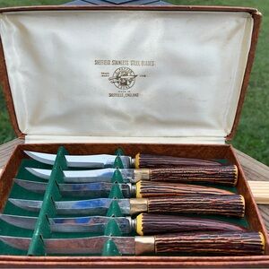 Sheffield Stainless Steel Blades 6pc Antler Handle Steak Knife Set in Box